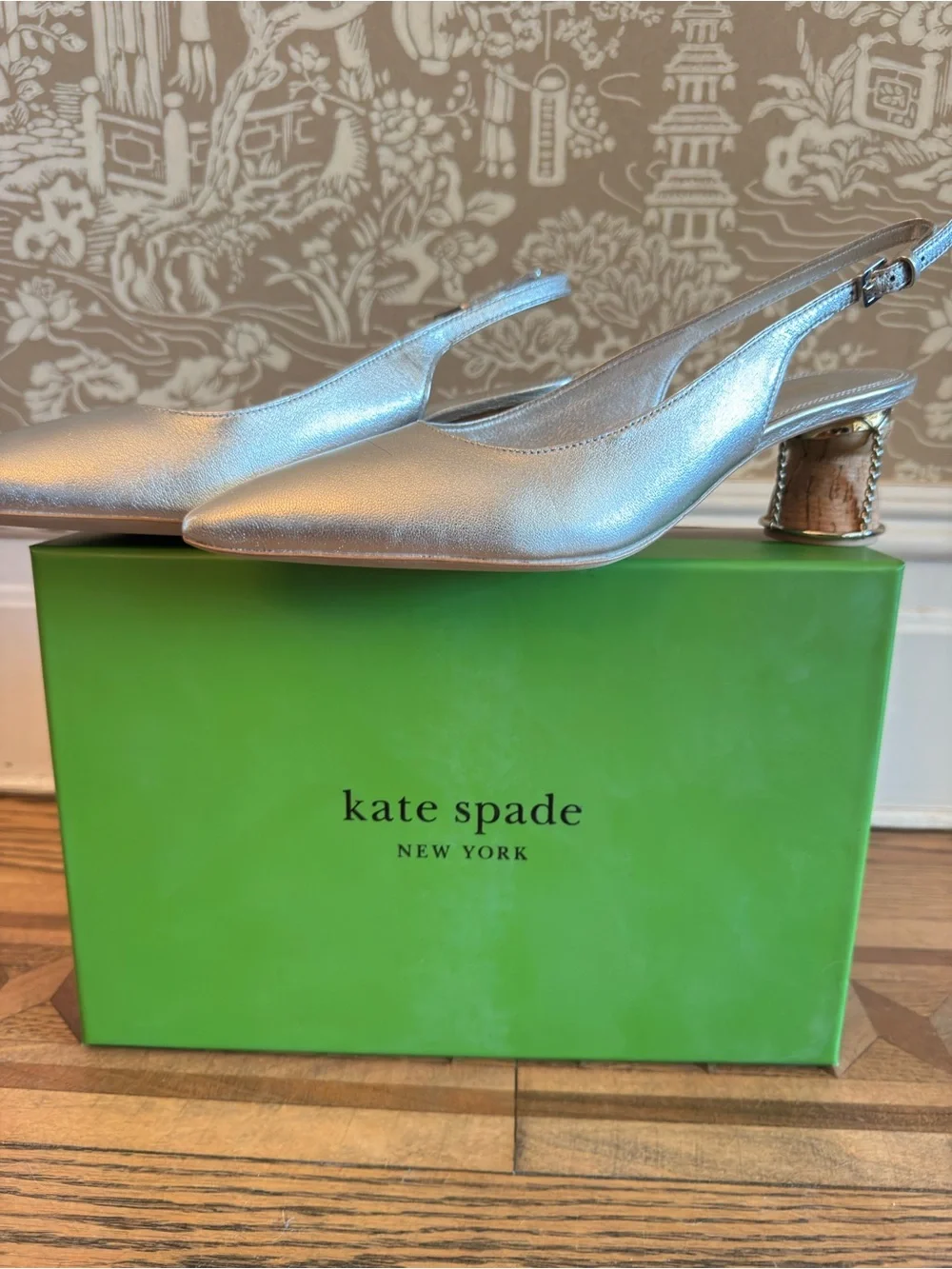 Metallic Silver Slingback Block Heel Pumps - Picture 2 of 5